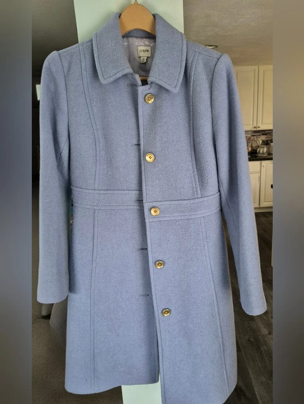 J. Crew Periwinkle Blue Wool Blend Single-Breasted Pea Coat with Gold Buttons